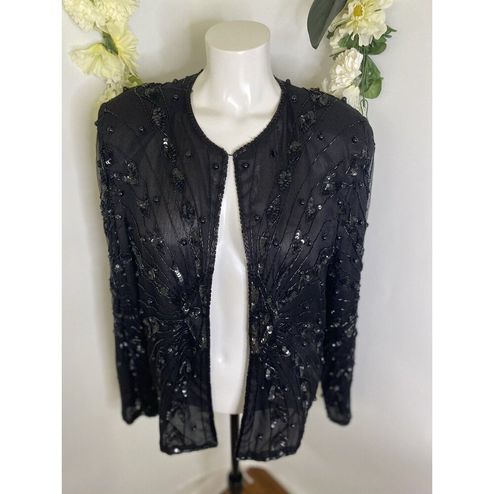 Vintage Black Swee Lo Womens Jacket Sequin Top Party Disco 80s‎ Glam Dynasty XL - Picture 15 of 16